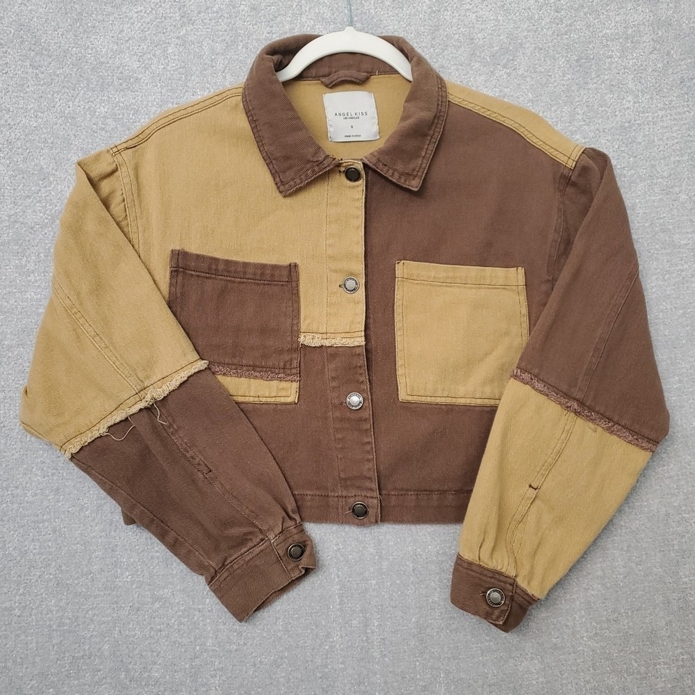 Angel Kiss Patch Work Brown Cropped Jacket Size Small Grunge Unique Retro‎ Y2K